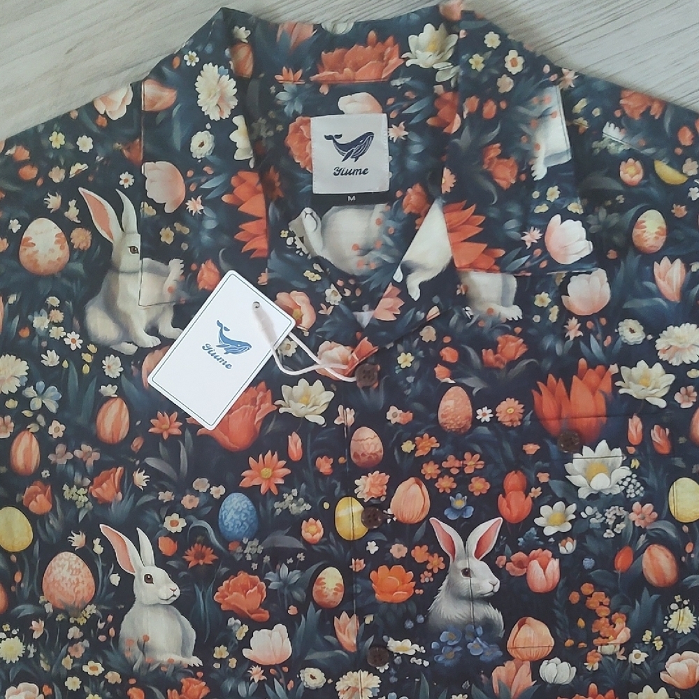 NWT YIUME HAWAII Men's Short Sleeve Button Up Shirt Navy and Orange Size Medium - Picture 9 of 11